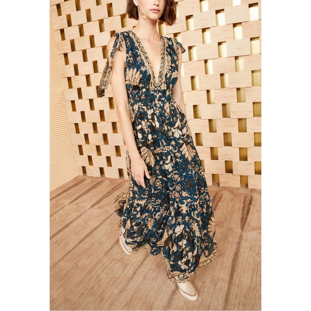Ulla Johnson Maxi Silk-Blend Green V-Neck Annalise Gown